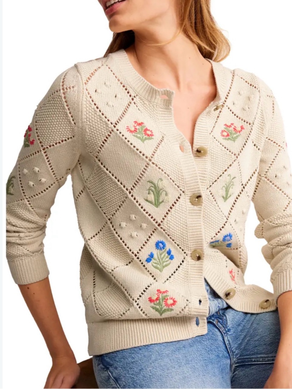 Cream Floral Embroidered Knit Cardigan Sweater